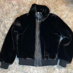 Michael Michael Kors Faux Fur Bomber Jacket Vegan Leather Trim Zipper Zip Up M